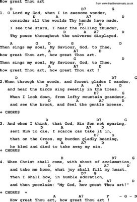 how great thou art chords and lyrics How great thou art has been translated into many languages, including English, where it has become a beloved hymn for worship and reflection.